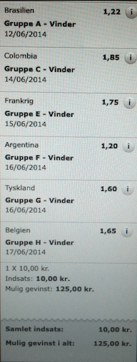 Group winners: Brazil, Colombia, France, Argentina, Germany, Belgium. 10 kroner to win 125!
